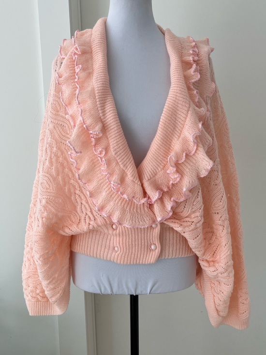 Eaton European Collection Sweaters - VINTAGE Eaton Batwing Lacy Cable Knit Cardigan Ruffles Feminine Romantic 70's